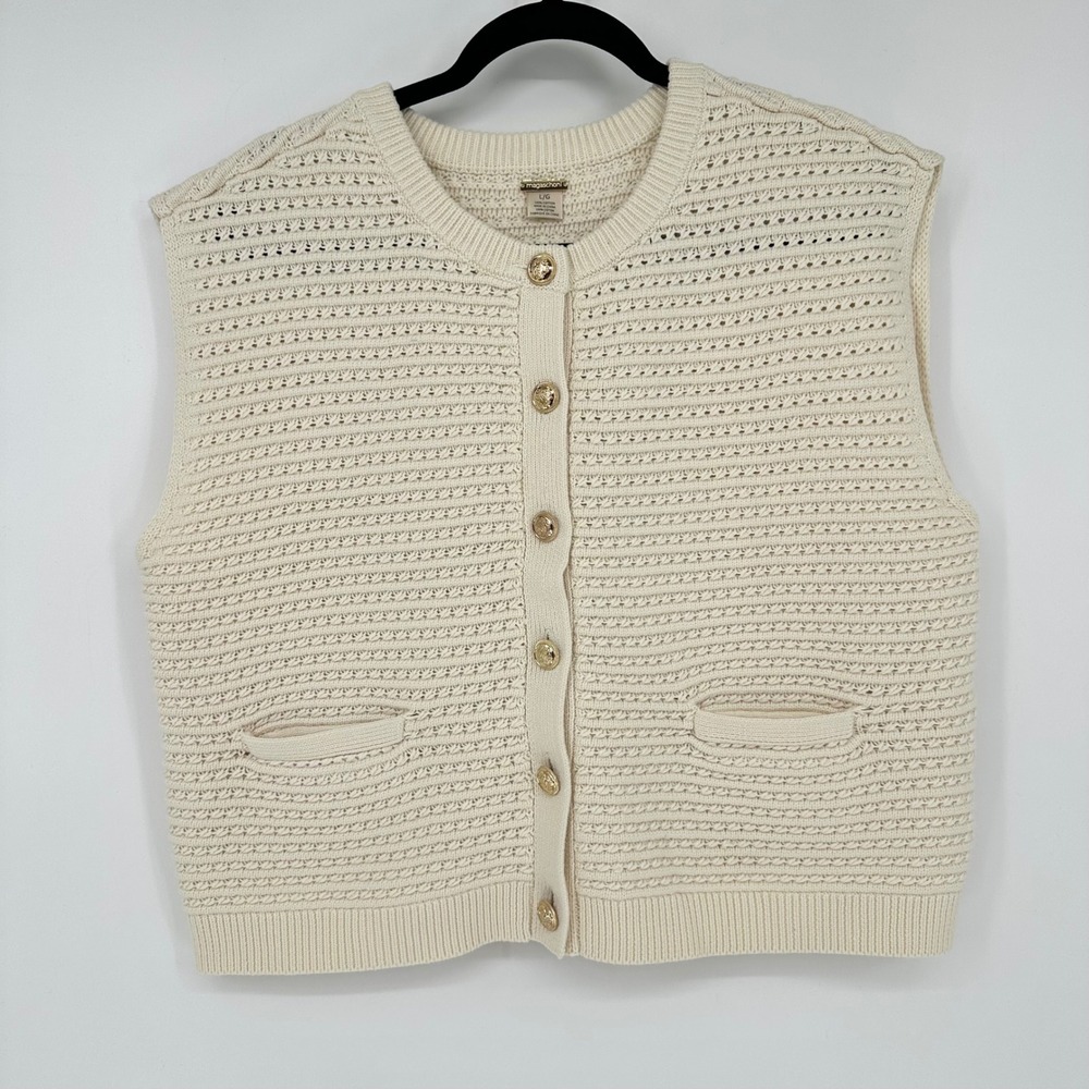 Magaschoni Cream 100% Cotton Boxy Knit Vest Sleeveless Chic Minimalist Neutral L
